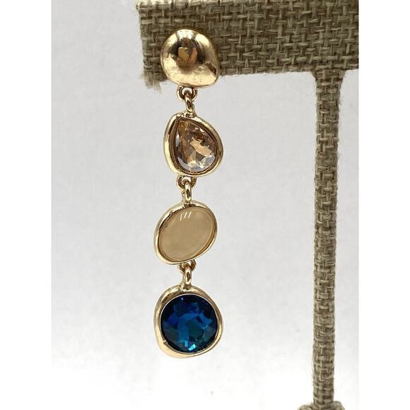 Earrings Drops Dangles Glass Stones Blue Gold Tone - Picture 7 of 7